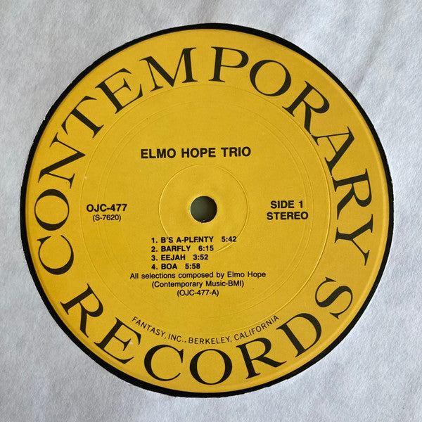 Image of Label Cover of LP - VG/VG - ELMO HOPE TRIO, Elmo Hope Trio (Original Jazz Classics; OJC-477, US 1990 Reissue), Some light staining on sleeve, discolouration too, - 3016262C