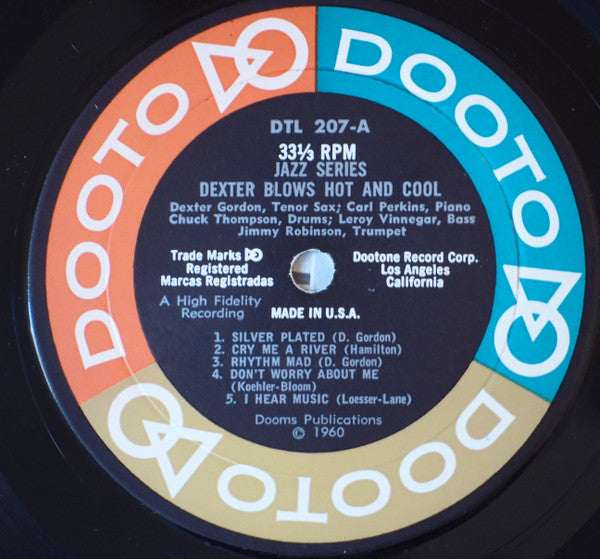 Image of Label Cover of LP - VG+/VG - DEXTER GORDON FEAT. CARL PERKINS, Dexter Blows Hot And Cool (Authentic Dootone - Blue Orange Gold and Black Label; AUL-207, US 1960 Reissue), , - 3026085E