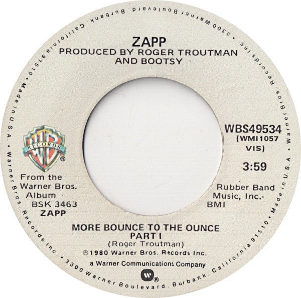 Image of Front Cover of 7" - /VG - ZAPP, More Bounce To The Ounce (Warner Bros. Records; WBS49534, US 1980, Plain Sleeve), Light marks only!, - 3016271C