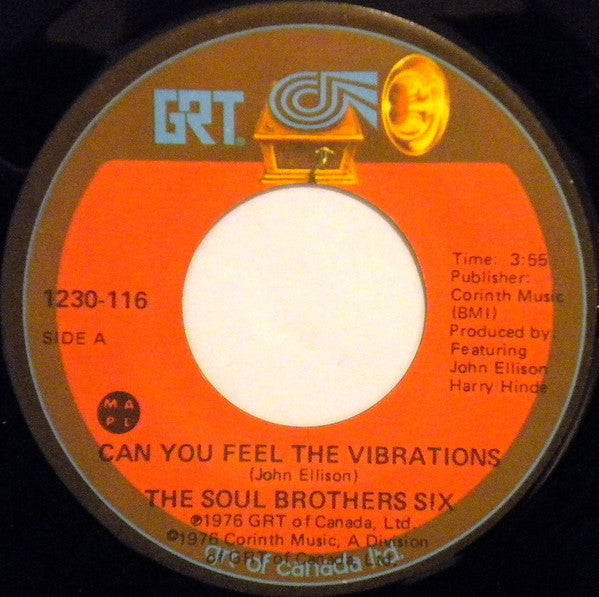 Image of Front Cover of 7" - /VG - SOUL BROTHERS SIX, Can You Feel The Vibrations (GRT; 1230-116, Canada 1976), , - 3016268C