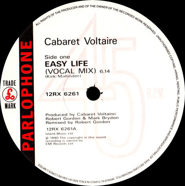 Image of Front Cover of 12" - /VG+ - CABARET VOLTAIRE, Easy Life (Parlophone; 12RX 6261, UK 1990, Plain Die Cut Black Sleeve With Barcode Sticker), , - 3026185E