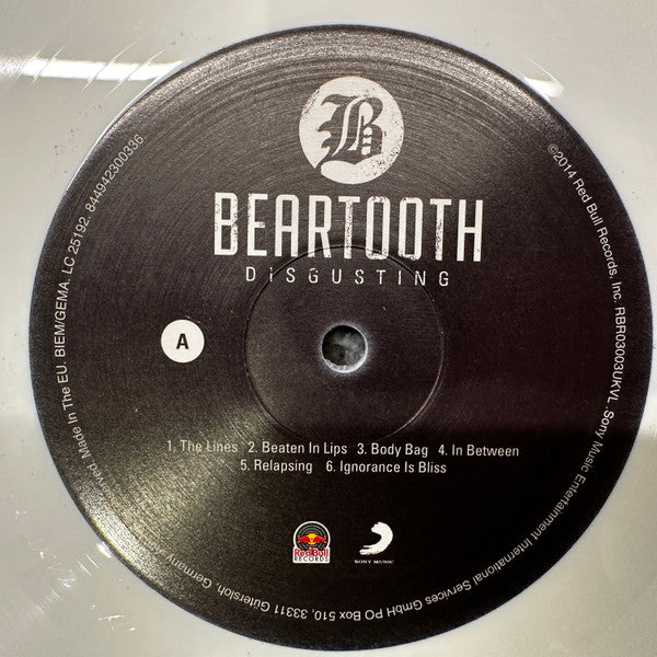 Image of Label Cover of LP - VG/VG+ - BEARTOOTH, Disgusting (Red Bull Records; RBR03003UKVL, UK 2014, Pop Up Gatefold, No Sticker Sheet, 180g White Vinyl), Light edge wear. No sticker sheet. One sticker stuck on pop up inside gatefold. , - 3046247S