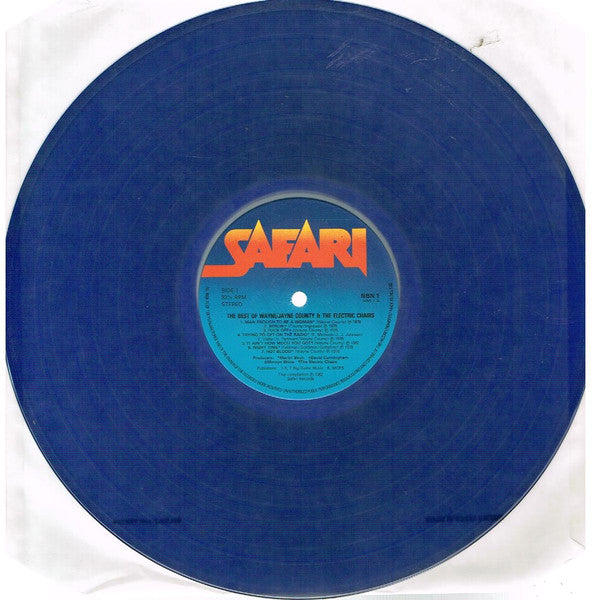 Image of Label Cover of LP - VG/VG+ - JAYNE / WAYNE COUNTY AND THE ELECTRIC CHAIRS, The Best Of Jayne / Wayne County & The Electric Chairs (Safari Records; NBN 1, UK 1982, Blue Translucent Vinyl), Light wear on back cover, - 3046216S