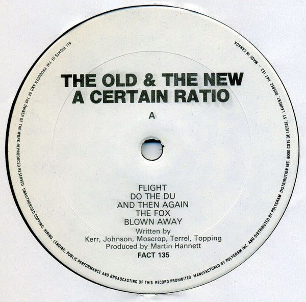 Image of Label Cover of LP - VG/VG+ - A CERTAIN RATIO, The Old & The New (Factory; FACT 135, Canada 1986 Reissue, 7" sleeve glued to front cover, With 7"), LP is VG+, 7" is VG with light marks, edge & ring wear, promo drill hole lower cover, promo sticker on back cover, - 3046219S