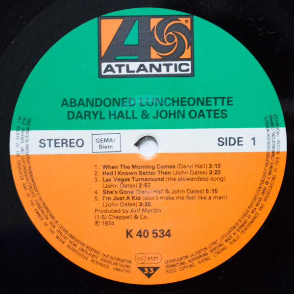 Image of Label Cover of LP - VG/VG+ - DARYL HALL & JOHN OATES, Abandoned Luncheonette (Atlantic; K 40 534, Europe 1980s Reissue, Embossed "W" ), Sticker damage, Midprice! sticker, - 3046284S
