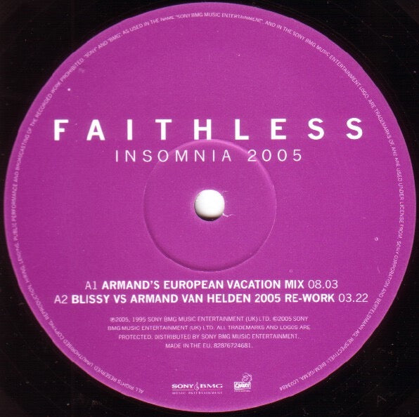 Image of Label Cover of 12" - VG/G+ - FAITHLESS, Insomnia 2005 (Cheeky Records; 82876724681, UK 2005, Picture Sleeve), Light marks and hairlines on disc. Sleeve is creased and ringworn., - 3016349C
