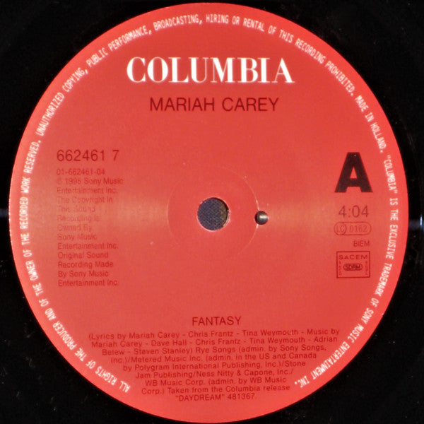 Image of Label Cover of 7" - VG/VG - MARIAH CAREY, Fantasy (Columbia; 662461 7, Europe 1995, Picture Sleeve, Large Centre), Scuff on A side, hairlines. Faint ring wear, creasing, corner wear., - 3056171S