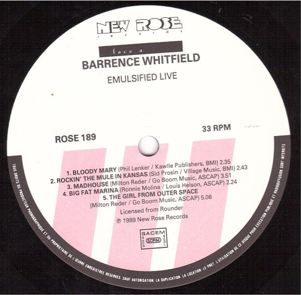 Image of Label Cover of LP - VG/VG+ - BARRENCE WHITFIELD AND THE SAVAGES, Live Emulsified (New Rose Records; ROSE 189, France 1989), , - 3016328C