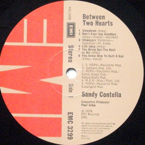 Image of Label Cover of LP - VG/VG - SANDY CONTELLA, Between Two Hearts (EMI; EMC 3299, UK 1979, Picture Sleeve), light ring and edge wear. storage rub front sleeve, - 3146040S