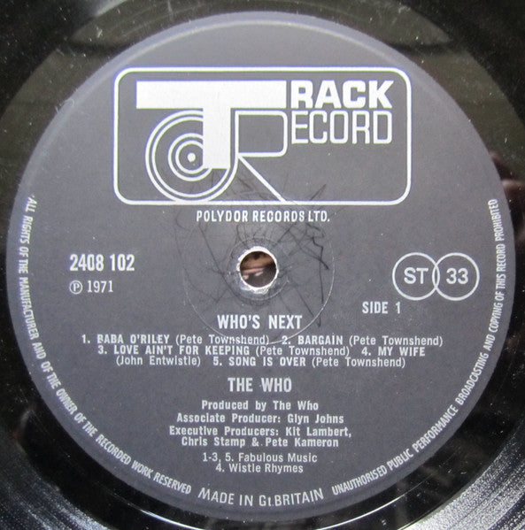 Image of Label Cover of LP - VG/VG - THE WHO, Who's Next (Track Record; 2408 102, UK 1971, Missing original inner, Spine not pinched), , - 3126003E