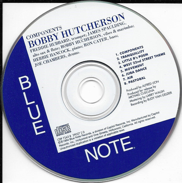 Image of Label Cover of CD - VG+/VG+ - BOBBY HUTCHERSON, Components (Blue Note; CDP 7243 8 29027 2 0, US 1994, Jewel Case), , - 3136010E