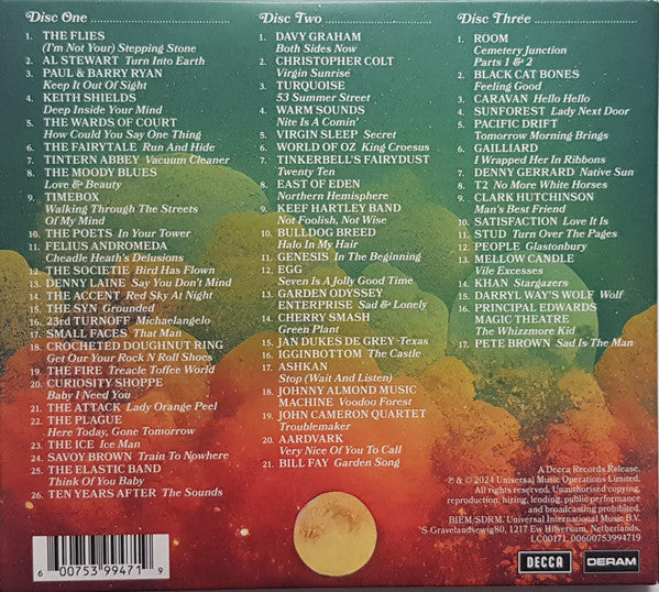Image of Back Cover of 3xCD - VG+/VG+ - VARIOUS, Psych! British Prog, Rock, Folk & Blues 1966-1973 (Decca; 5399471, Worldwide 2024, Double Gatefold, Booklet), Small tear at the back of the case, - 3136067E