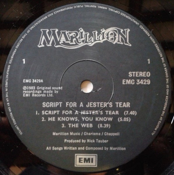 Image of Label Cover of LP - VG+/VG+ - MARILLION, Script For A Jester's Tear (EMI; EMC 3429, UK 1980s Reissue, Gatefold), , - 3116119C
