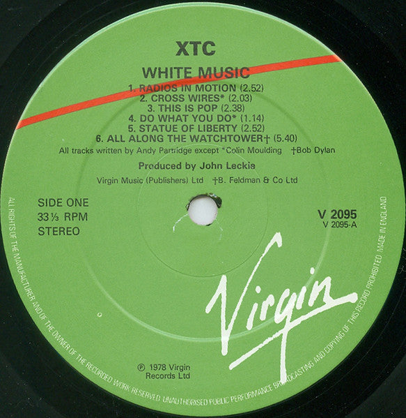 Image of Label Cover of LP - VG/VG - XTC, White Music (Virgin Green/Red labels; V 2095, UK 1980s Reissue, A2/B2 matrix), Hairlines & light scratches, edge & ring wear, - 3246008S