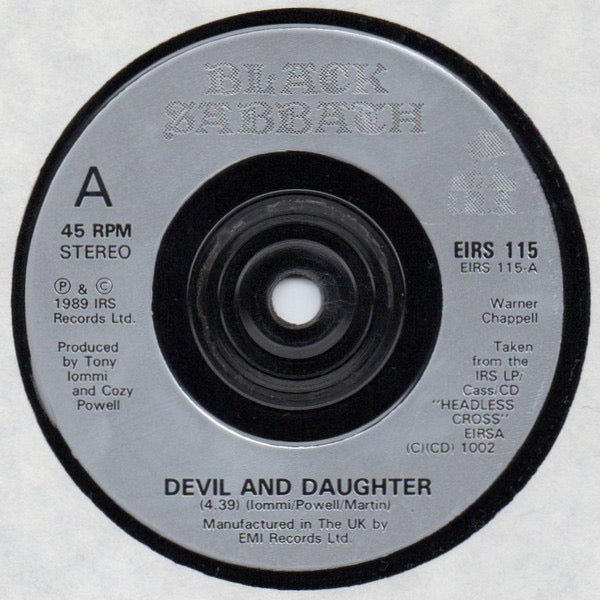 Image of Label Cover of 7" - VG+/VG+ - BLACK SABBATH, Devil And Daughter (I.R.S. Records; EIRS 115, UK 1989, Picture Sleeve, Single Sided), , - 3116096C