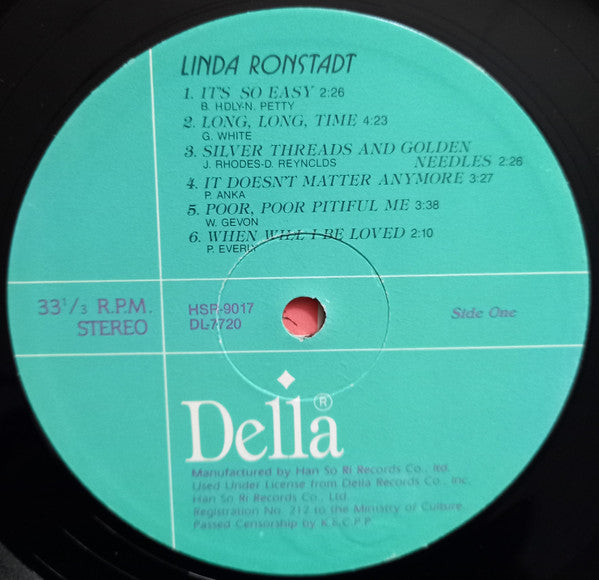 Image of Label Cover of LP - VG+/VG+ - LINDA RONSTADT, Long Long Time / Different Drum / It's So Easy (Hansori Records Co., Ltd.; HSR-9017, South Korea 1991, Insert), , - 3126052E