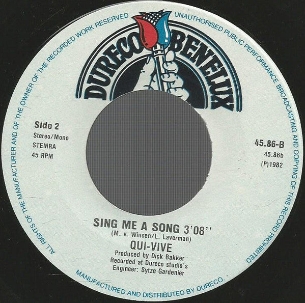Image of Label Cover of 7" - VG/VG+ - QUI VIVE, Un Poco Del Sol (Dureco Benelux; 4586, Netherlands 1982, Picture Sleeve), Light edge wear, slightly frayed top edge. A couple superficial hairlines on disc, plays flawlessly., - 3156084S