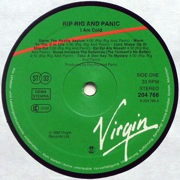 Image of Label Cover of LP - VG+/VG+ - RIP RIG & PANIC, I Am Cold (Virgin; 204 766-320, Europe 1982, Neneh Cherry, Don Cherry, members of The Pop Group...), , - 3146242S