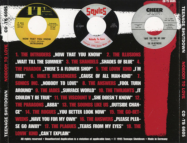 Image of Back Cover of CD - VG+/VG+ - VARIOUS, Nobody To Love (Mid-60's Teen Folkpunk: 18 Tales Of Tension & Trauma) (Teenage Shutdown!; CD-TS 6605, Germany 1998, Jewel Case), , - 3136164E
