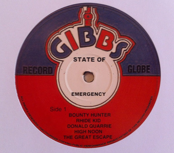 Image of Label Cover of LP - VG+/VG+ - JOE GIBBS, State Of Emergency (Joe Gibbs Music; JG006, UK 2013 Reissue), , Vinyl reissue of the 1976 release from reggae producer Joe Gibbs and his gang of Professionals (not to be confused with the post-Sex Pistols band featuring Steve Jones and Paul Cook). Gibbs' career began in the early days of Rocksteady in Jamaica during the '60s and throughout his career, he worked with Dennis Brown, The Heptones, Culture and many others. He remains one of the most important fig