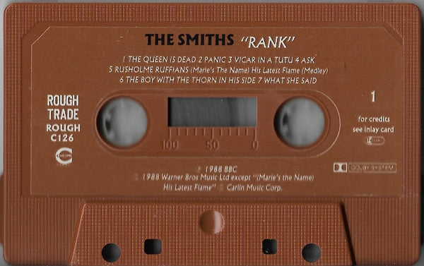 Image of Label Cover of Cassette - VG+/VG+ - THE SMITHS, Rank (Rough Trade; ROUGH C126, UK 1988, No Brown Case, J-Card, Brown Shell), , - 3116439C