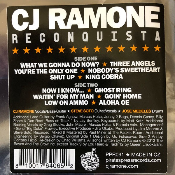 Image of Label Cover of LP - VG/VG+ - CJ RAMONE, Reconquista (Pirates Press Records; PPR091, Europe 2019 Reissue, Stickered Plastic Sleeve, Picture Disc), Plastic sleeve split on one side., - 3216052C