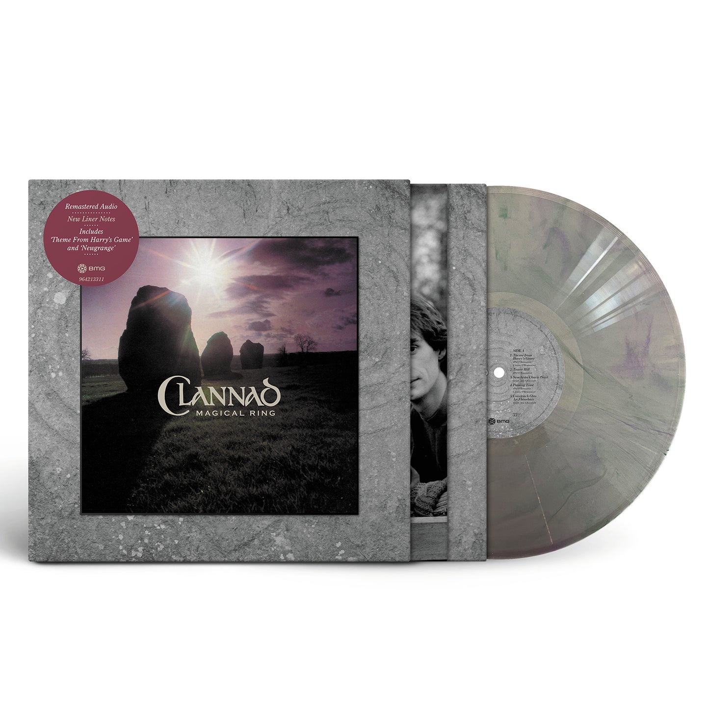 Image of Back Cover of 1xLP - NEW/NEW - CLANNAD, Magical Ring (BMG; 964213311, UK 2026 Reissue, Limited Edition Silver Marble Vinyl), , "Released in March 1983, Magical Ring is the seventh studio album by Irish folk group Clannad and marks a pivotal moment in the band's evolution from traditional Celtic folk towards the atmospheric sound that would later define much of their international success. The album blends Irish-language songs, traditional melodies, and contemporary production, creating a rich and e