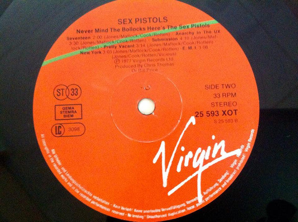 Image of Label Cover of LP - VG+/VG - SEX PISTOLS, Never Mind The Bollocks Here's The Sex Pistols (Virgin Green/Red; 25 593 XOT, Europe 1987 Reissue), , - 3226301E
