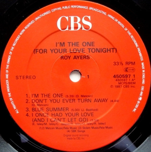 Image of Label Cover of LP - G+/VG+ - ROY AYERS, I'm The One (For Your Love Tonight) (CBS; 450597 1, UK & Europe 1987), Damage at bottom of cover; split at top edge, - 3216429C
