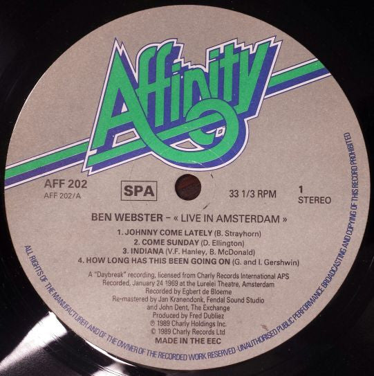 Image of Label Cover of LP - VG/VG - BEN WEBSTER, Live In Amsterdam (Affinity; AFF 202, Europe 1989), Old sticker on rear sleeve, - 3216432C