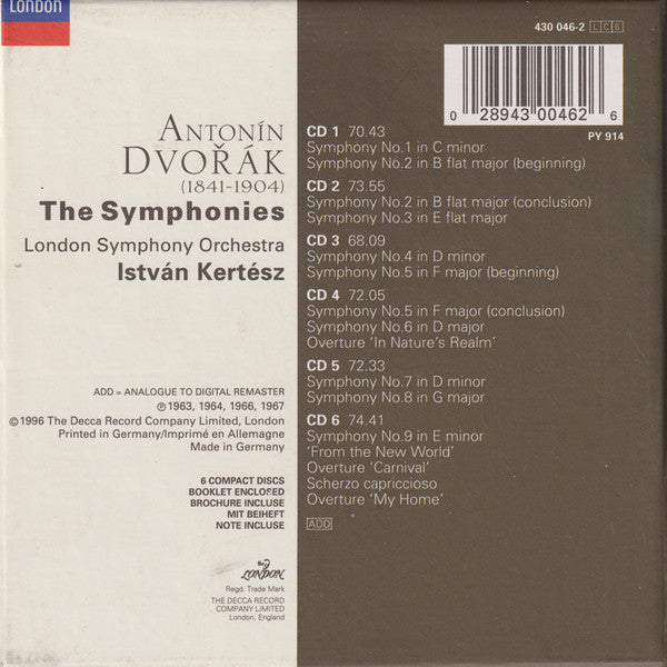 Image of Back Cover of 6xCD - VG+/VG+ - ISTV N KERT SZ, LONDON SYMPHONY ORCHESTRA, Dvo k: The Symphonies (London Records; 430 046-2, Europe 1996, Box Set, Booklet), , - 3336008E