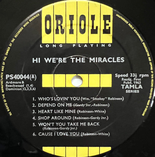 Image of Label Cover of LP - VG/VG - THE MIRACLES, Hi We're The Miracles (Oriole; PS 40044, UK 1963, Laminated Flipback Sleeve), Light hairlines and scuffs. Sleeve has edgewear, heavily bumped corners, some discolouration., - 3326040E