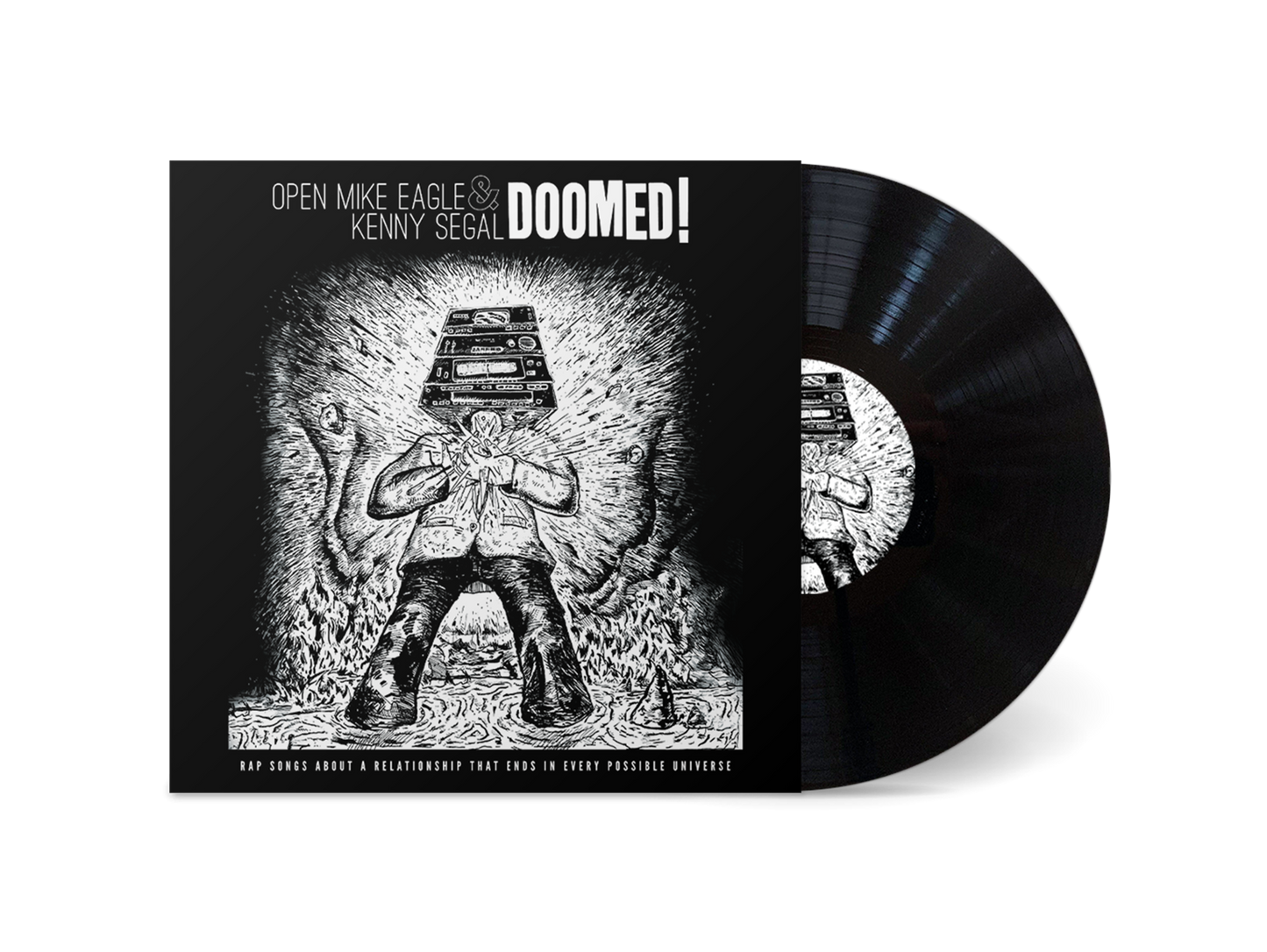 Image of Back Cover of LP - NEW/NEW - OPEN MIKE EAGLE & KENNY SEGAL, Doomed! (Backwoodz Studioz / Rhymesayers; BWZ818LP, UK 2026), , It s five years in a blender. It s every troublesome misunderstanding of a half-decade relationship distorted and stretched into an absurdist black comedy mini-series on wax. It s the sound of every fight we ever had, playing simultaneously. It s several consecutive voice notes that you did not listen to, and instead read the transcription. It s fifteen songs from iconoclastic