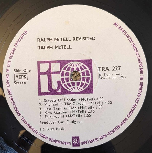 Image of Label Cover of LP - VG/VG - RALPH MCTELL, Ralph McTell Revisited (Transatlantic Records White/Purple Labels With MCPS Above Stereo; TRA 227, UK 1970, Laminated Front Sleeve), Strong VG, A few wispy hairlines, Small area of laminate bubbling, - 3316085C