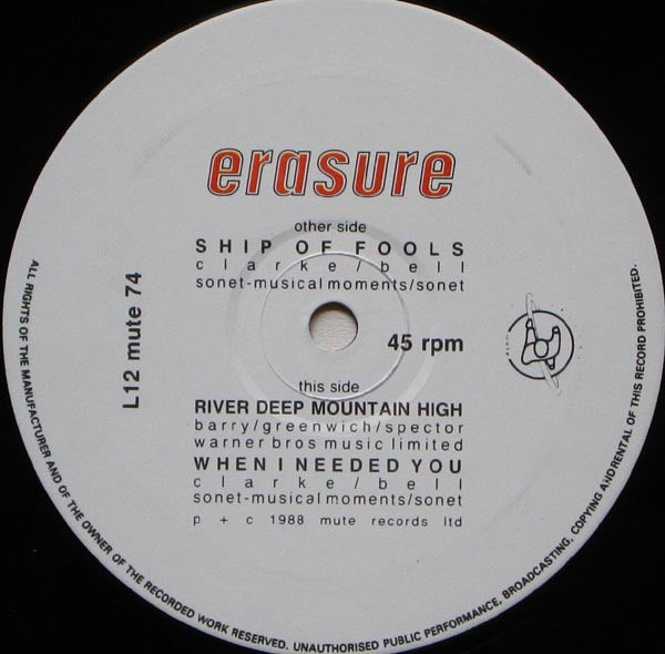 Image of Label Cover of 12" - VG/VG+ - ERASURE, Ship Of Fools (Mute; L12 mute 74, UK 1988, Picture Sleeve, Limited Edition), Small nick in spine otherwise VG+, - 3316217C