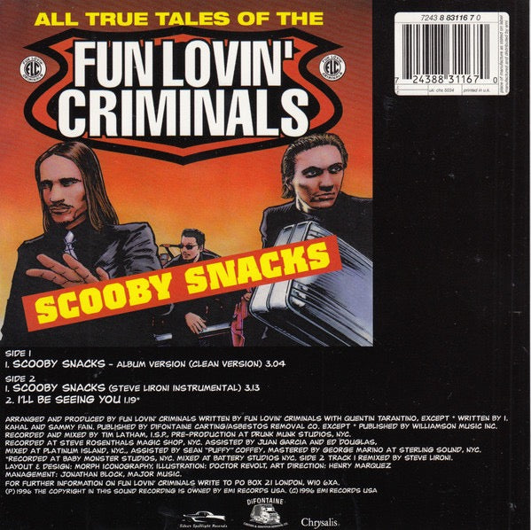 Image of Label Cover of 7" - VG+/VG - FUN LOVIN' CRIMINALS, Scooby Snacks (Silver Spotlight Records; 7243 8 83116 7 0, UK 1996, Plastic Sleeve, Insert, Limited Edition Picture Disc), , - 3316203C