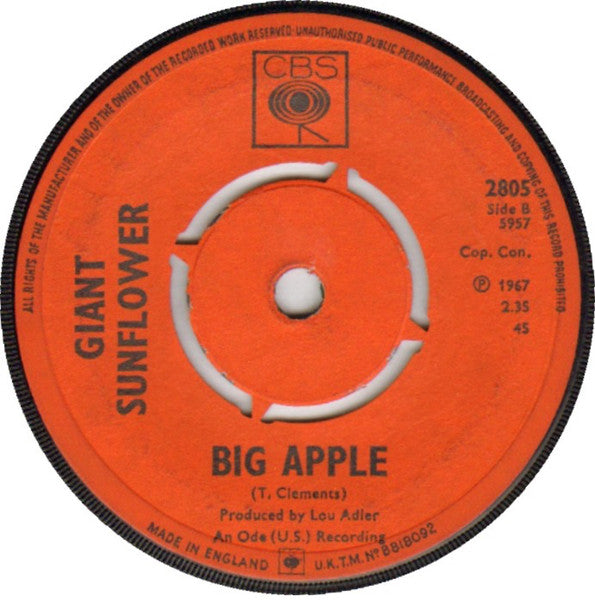 Image of Back Cover of 7" - VG+/VG+ - THE GIANT SUNFLOWER, February Sunshine / Big Apple (CBS ; 2805, UK 1967, Company Sleeve), , - 3326177E