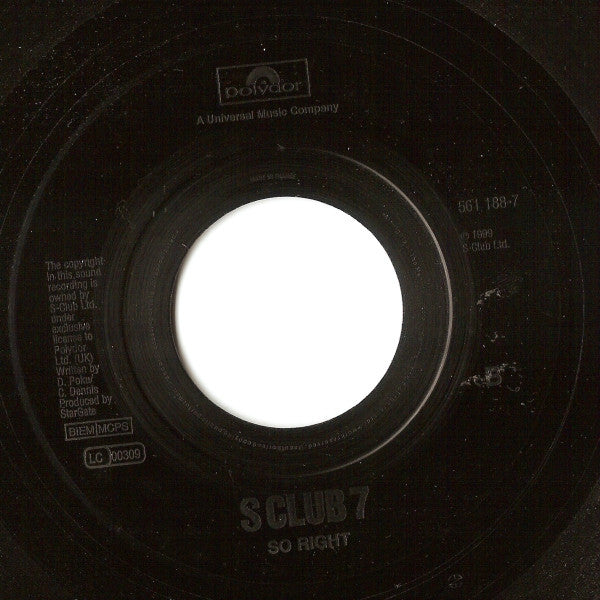 Image of Back Cover of 7" - /VG - S CLUB 7, Bring It All Back (Polydor Moulded Black Jukebox Labels; 561 188-7, UK 1999, Plain Sleeve), Light hairlines., - 3316470C