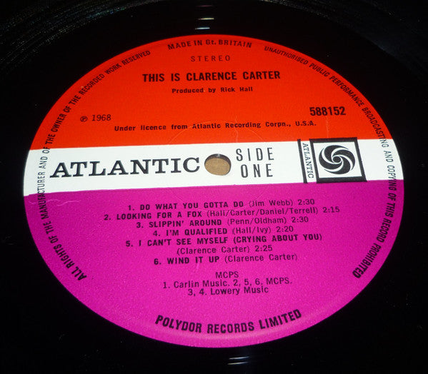 Image of Label Cover of 12" - VG/G+ - CLARENCE CARTER, This Is Clarence Carter (Atlantic; 588152, UK 1969), Lots of marks but plays well. Light wear to sleeve with ringwear., - 3326272E