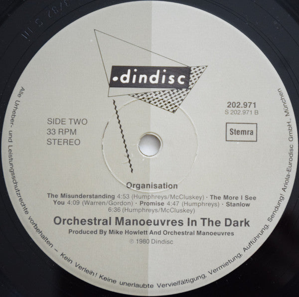 Image of Label Cover of LP - VG/VG+ - ORCHESTRAL MANOEUVRES IN THE DARK, Organisation (Dindisc; 202 971, Netherlands 1982 Reissue, STEMRA on right of label), Edge Wear, - 3446056S