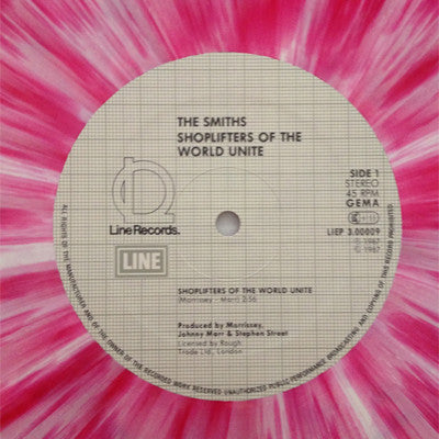 Image of Label Cover of 12" - VG+/VG+ - THE SMITHS, Shoplifters Of The World Unite (Line Records; LIEP 3.00009, Germany 1987, Picture Sleeve, Pinnacle Imports Hype Sticker, Limited Edition, Pink/White Marbled Vinyl), Cover still in shrink with hype sticker. Disc has some pressing dimples but otherwise pristine., - 3446087S