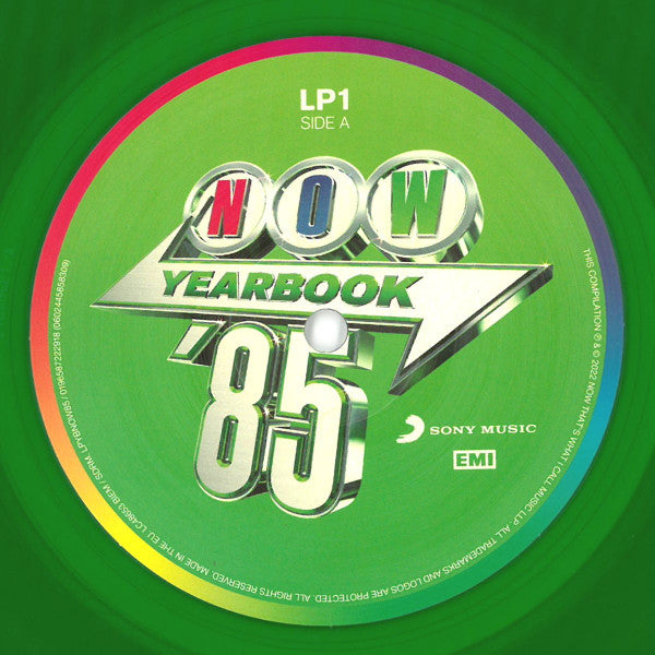 Image of Label Cover of 3xLP - VG/VG+ - VARIOUS, Now Yearbook '85 (Sony Music; LPYBNOW85, UK 2022, Black Inners, Green Vinyl), Still in shrinkwrap, corner bump. Water damage causing sleeve to warp slightly out of shape and stain., - 3446122S