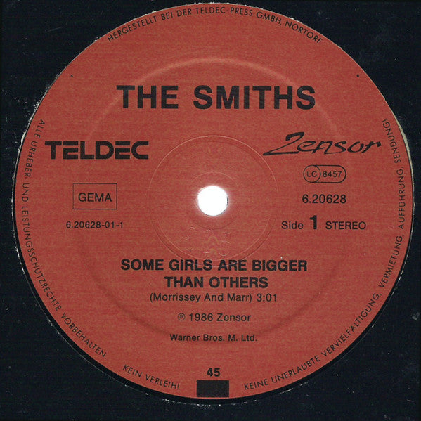Image of Label Cover of 12" - VG/VG+ - THE SMITHS, Some Girls Are Bigger Than Others (Zensor; 6.20628 AE, Germany 1986, Picture Sleeve, No Comma After "Frankly" on B-Side Label), Edge and ring wear with sticker ghost. Lovely disc., - 3446092S