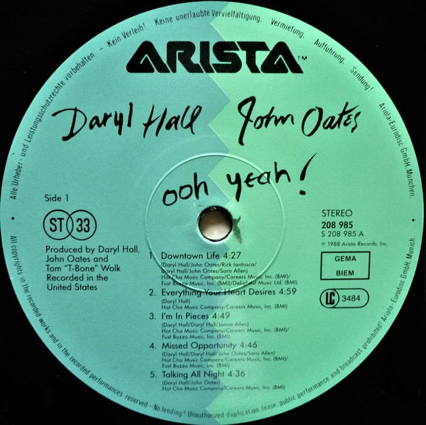 Image of Label Cover of LP - VG/VG - DARYL HALL & JOHN OATES, Ooh Yeah! (Arista; 208 985, UK & Europe 1988, Inner), Hairlines marks. , - 3416328C
