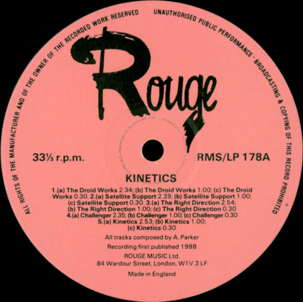 Image of Label Cover of LP - VG+/EX - ALAN PARKER, Kinetics (Rouge; RMS/LP 178, UK 1988), , - 3426078E
