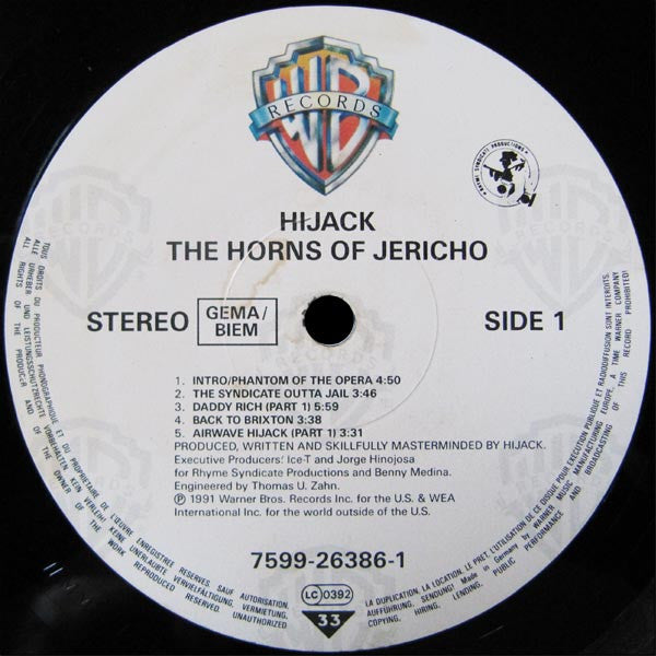 Image of Label Cover of LP - F/F - HIJACK, The Horns Of Jericho (Warner Bros. Records; 7599-26386-1, Europe 1991, Inner), Record has heavy marks and scuffs, plays with background noise and clicks at times. Sleeve worn, creased and damaged particularly at corners. Large areas of liquid staining / damage too, - 3916306C