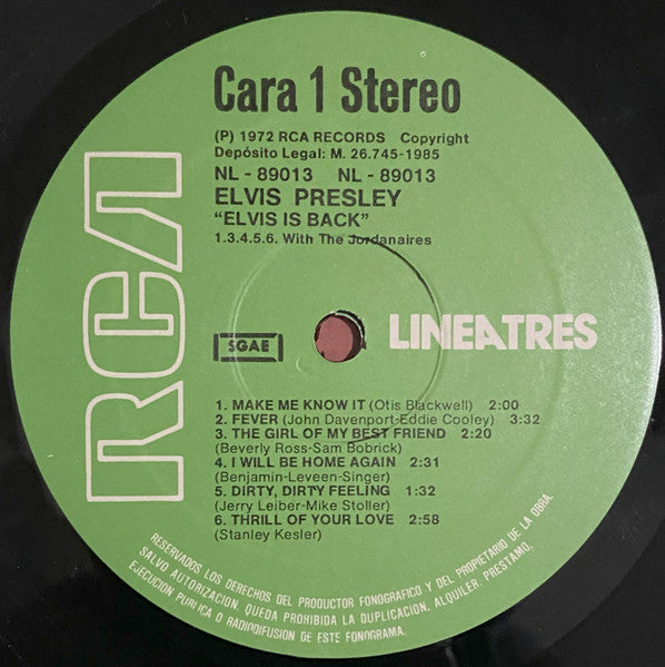 Image of Label Cover of LP - VG/VG+ - ELVIS PRESLEY, Elvis Is Back! (RCA; NL-89013, Spain 1985 Reissue, Circled K On Rear Of Sleeve), Edge wear, small sticker mark to sleeve varnish., - 3416393C