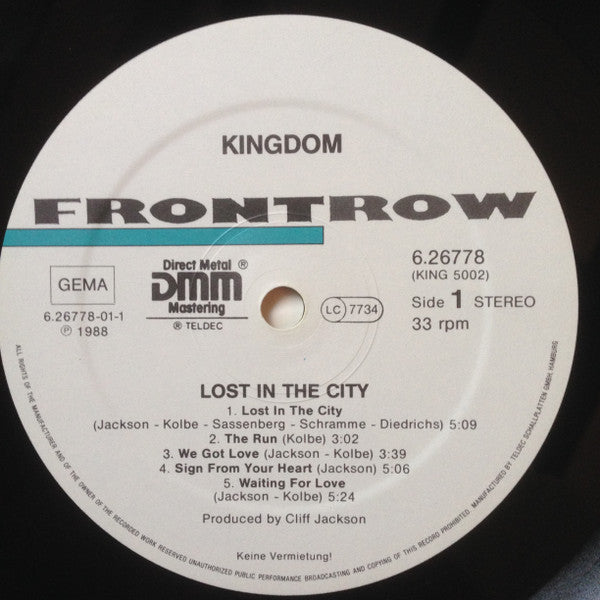 Image of Label Cover of LP - VG+/VG+ - KINGDOM, Lost In The City (Frontrow; 6.26778 AP, Germany 1988, Inner), Light edge wear., - 3416491C