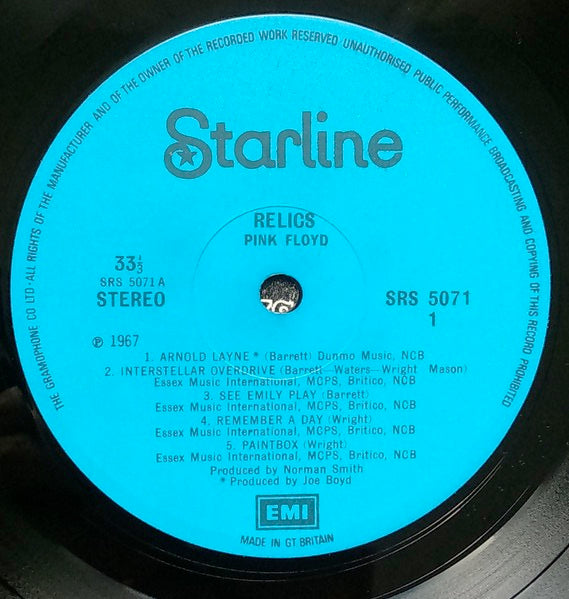 Image of Label Cover of LP - VG/VG - PINK FLOYD, Relics (Starline Blue Labels; SRS 5071, UK 1971, Black And White Textured Sleeve, 1st Issue. A1/B2, "Made In Great Britain" At Bottom Of Label), WOS., - 3546152S