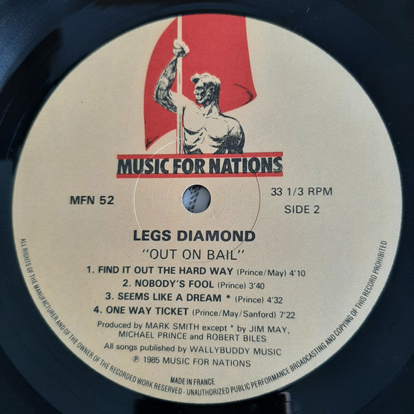 Image of Label Cover of LP - VG/VG+ - LEGS DIAMOND, Out On Bail (Music For Nations; MFN 52, UK 1985), , - 3516076C
